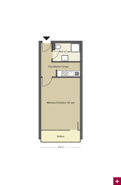 Grundriss für 1-Zimmer-Apartment im Antoniusheim Altenzentrum in Wiesbaden